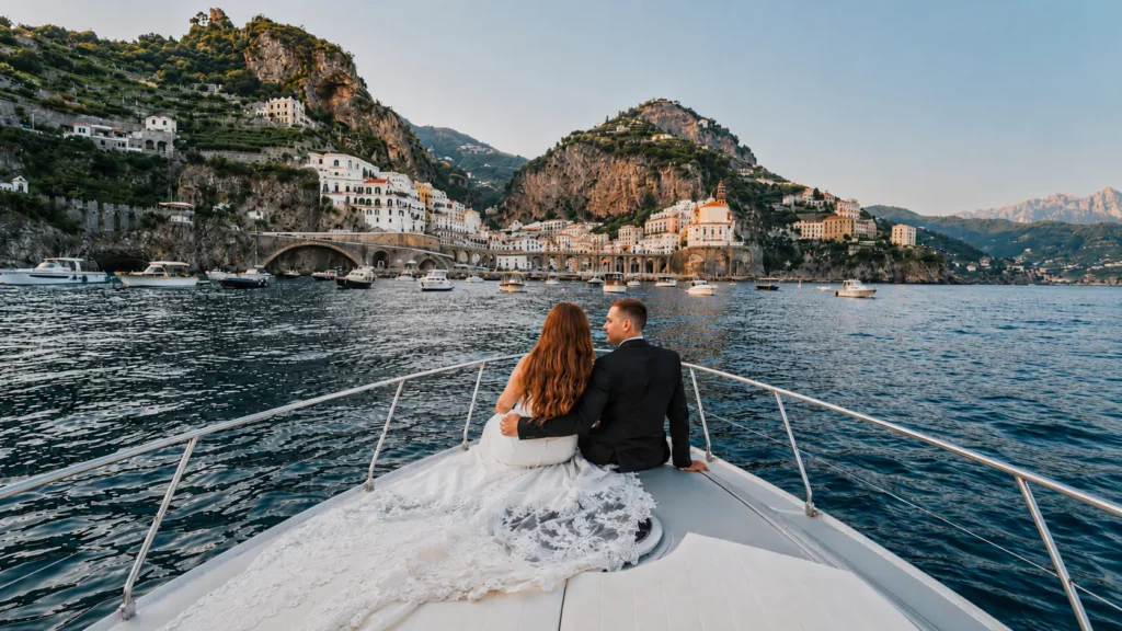 Amalfi Coast elopement couple sitting in a boat