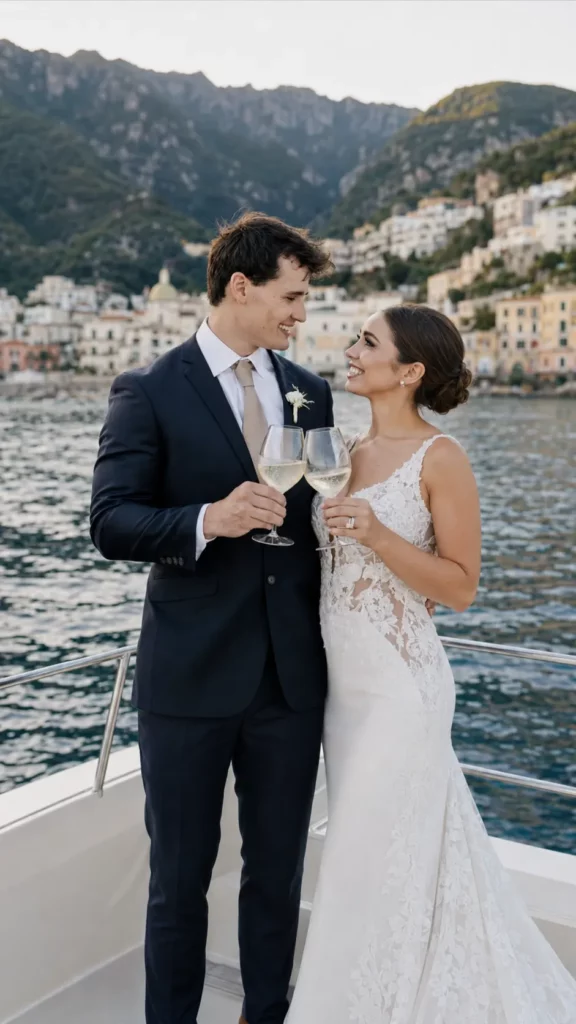 Bride and groom holding champagne glasses on a boat during an Amalfi Coast elopement in Italy