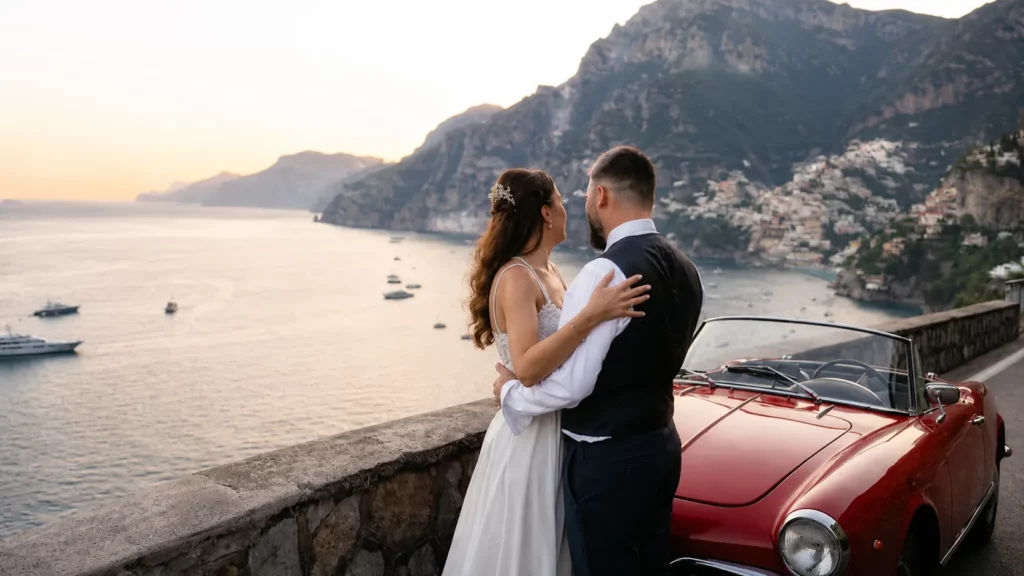 Couple eloping in Positano Italy with a vintage red car overlooking the Amalfi Coast