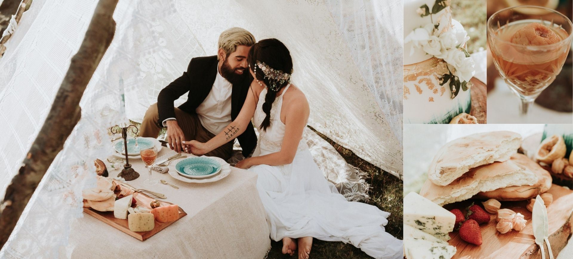 Glamping wedding in Chile - bride and groom in boho tent