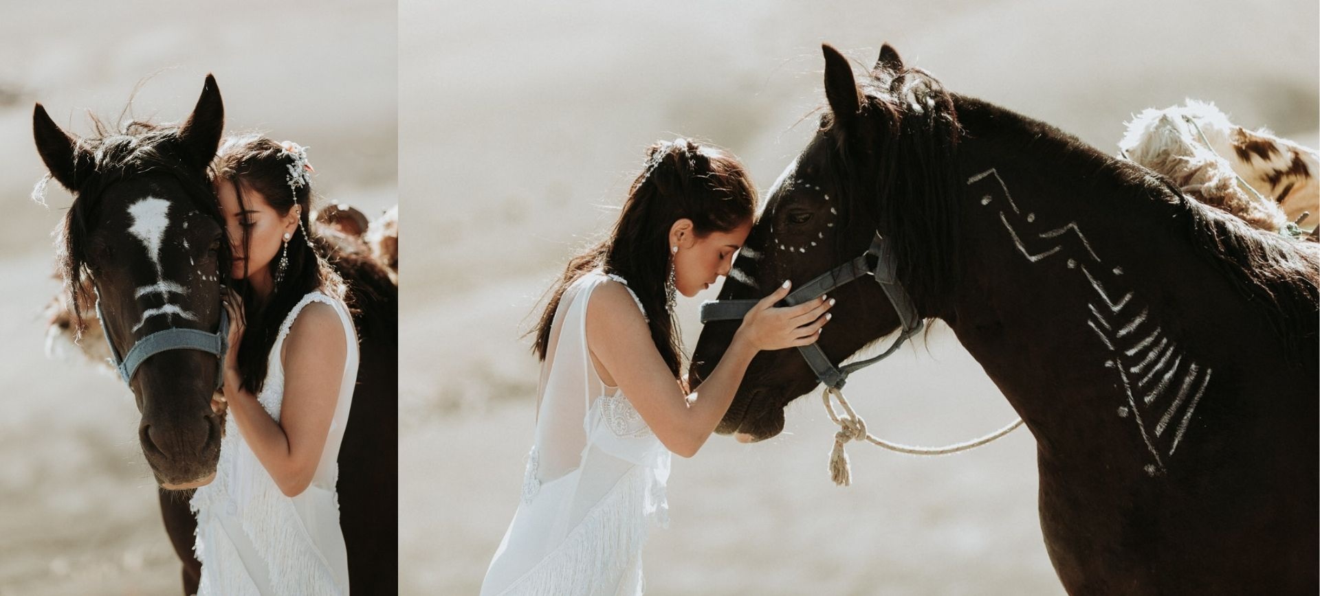 wedding on horseback - horse riding wedding in south america - bride with horse in the mountains