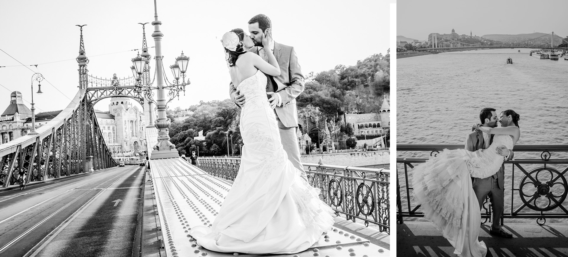 Adventurous couple eloping into Budapest, posing on a bridge after spa visit