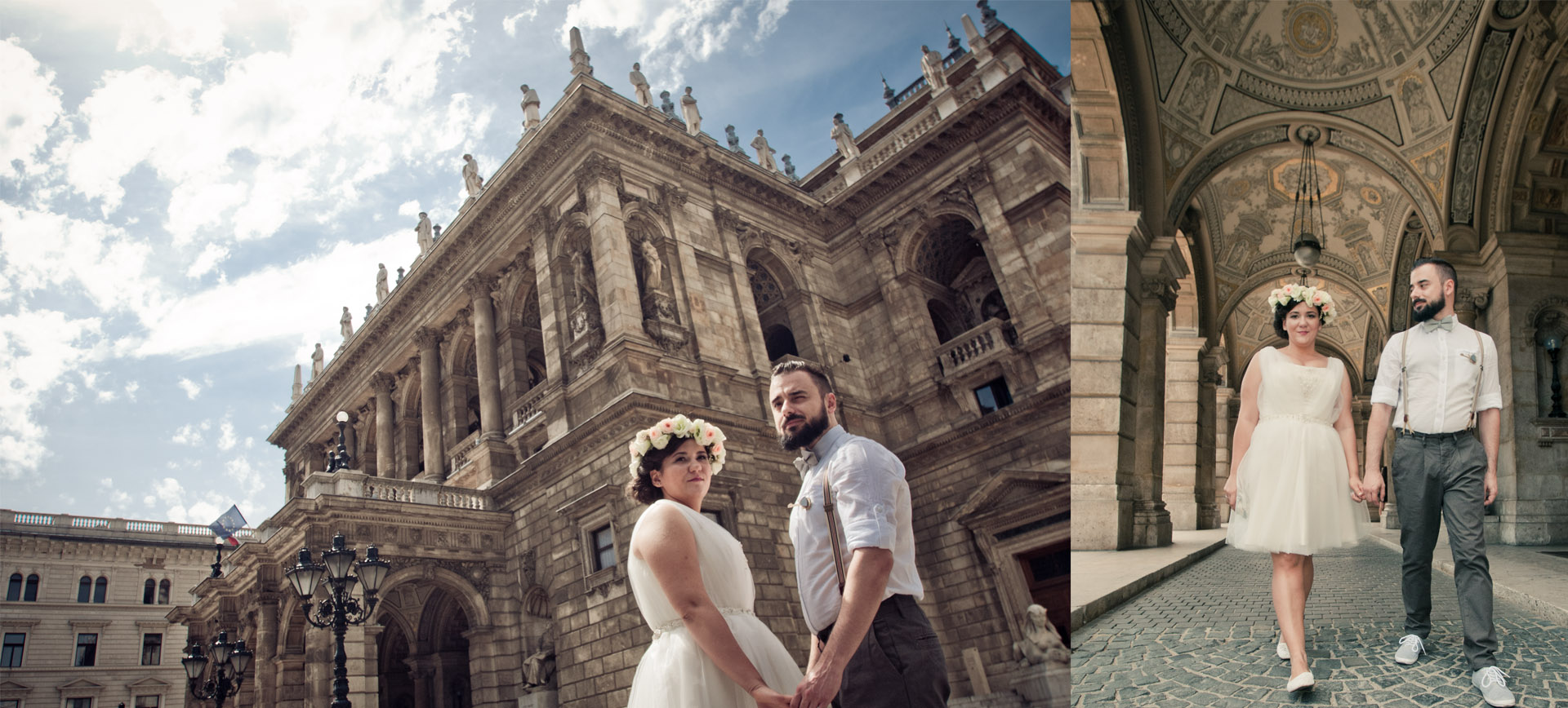 Eloping couple posing at old Opera House in Historic Centre of European Capital, Budapest