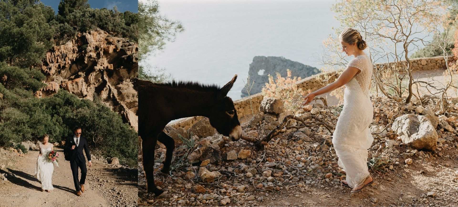 mallorca elopement planner - adventure wedding in Mallorca - bride with donkey during hiking wedding