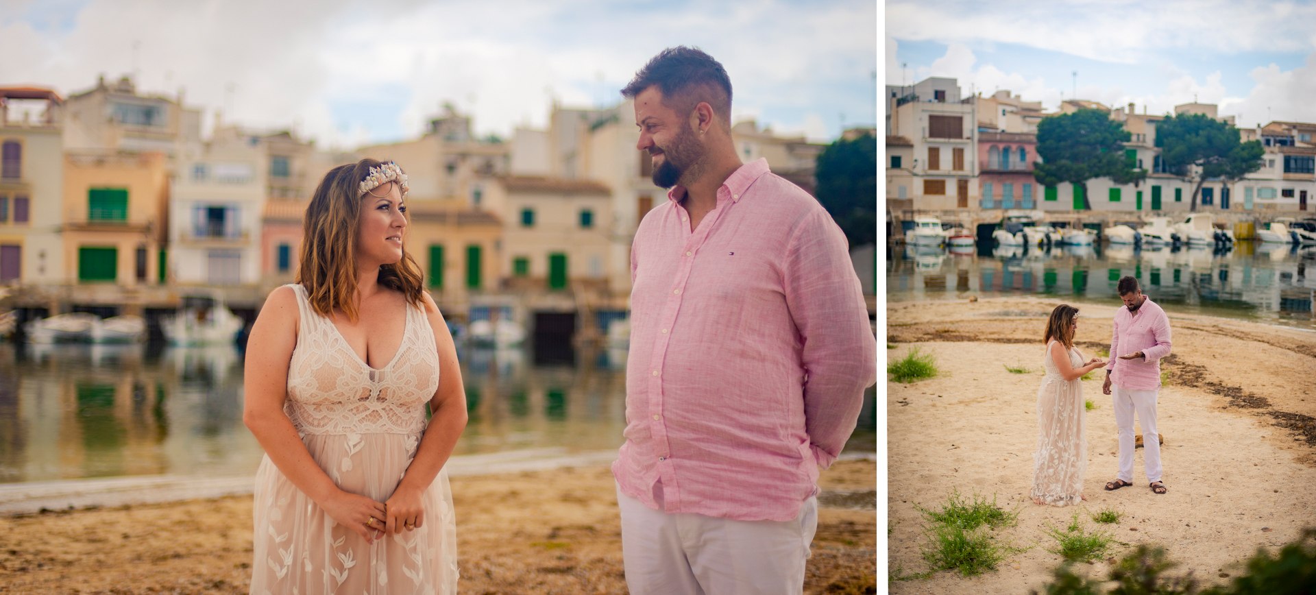 Mallorca elopement in Portocolom - Bride and groom in front of pictoresque town