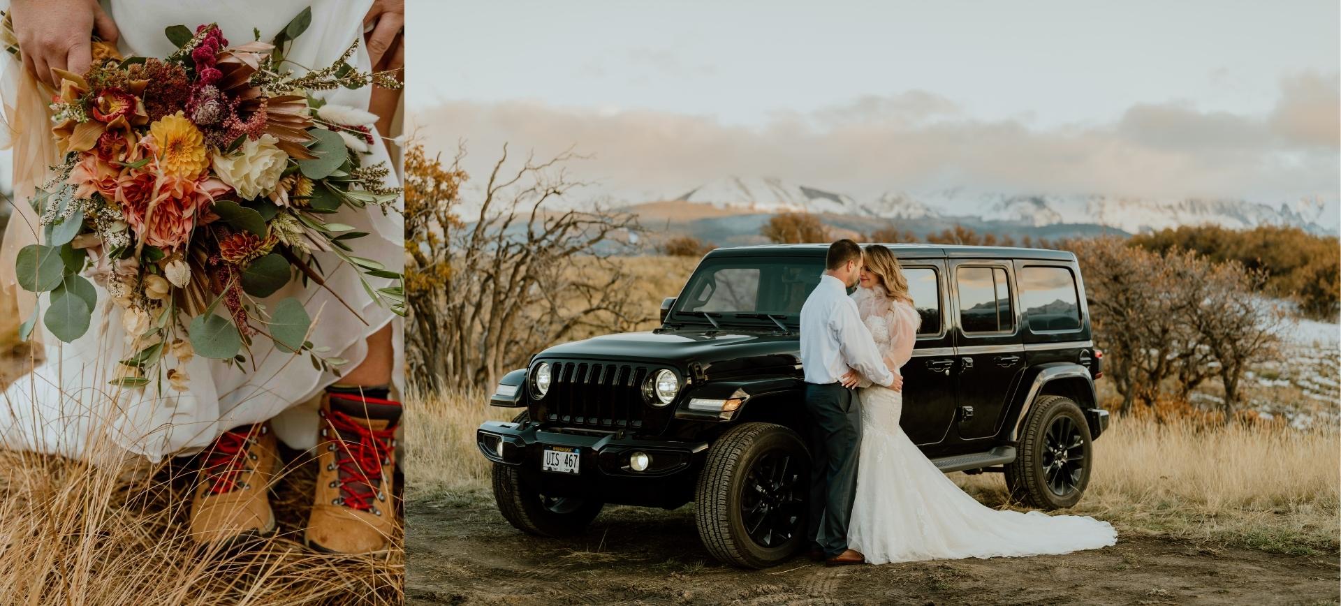 off-road mountain elopement package in colorado - bride and groom with jeep