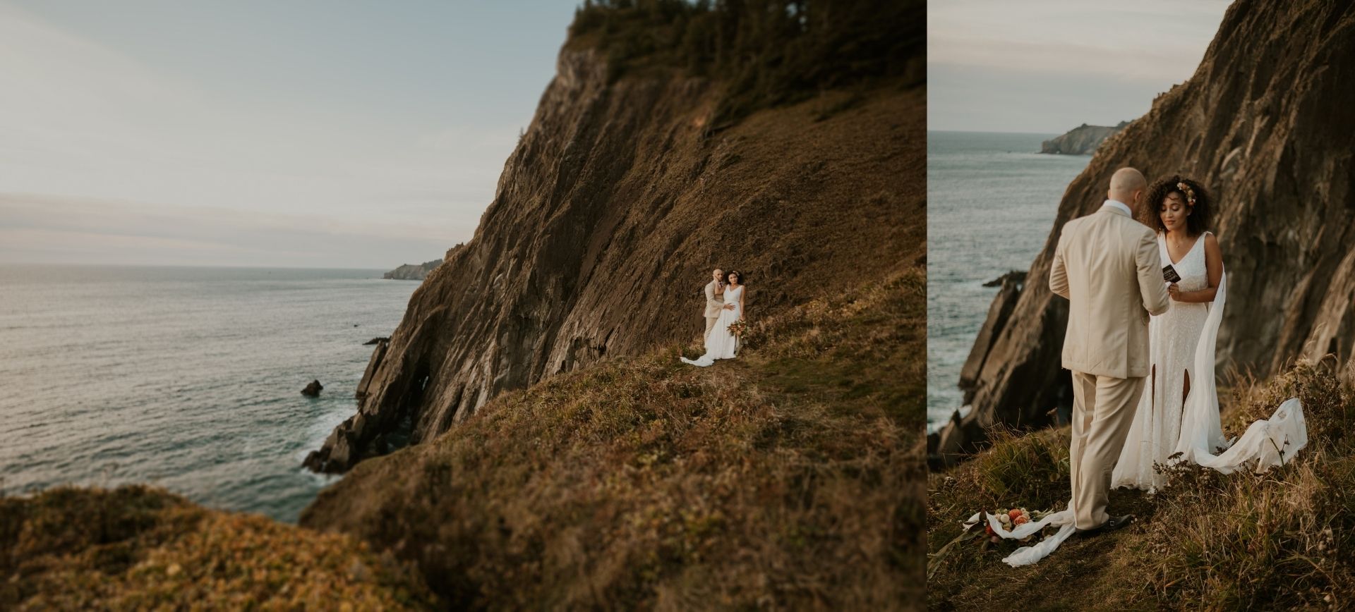 oregon coast elopement package - bride and groom at their coast adventure wedding