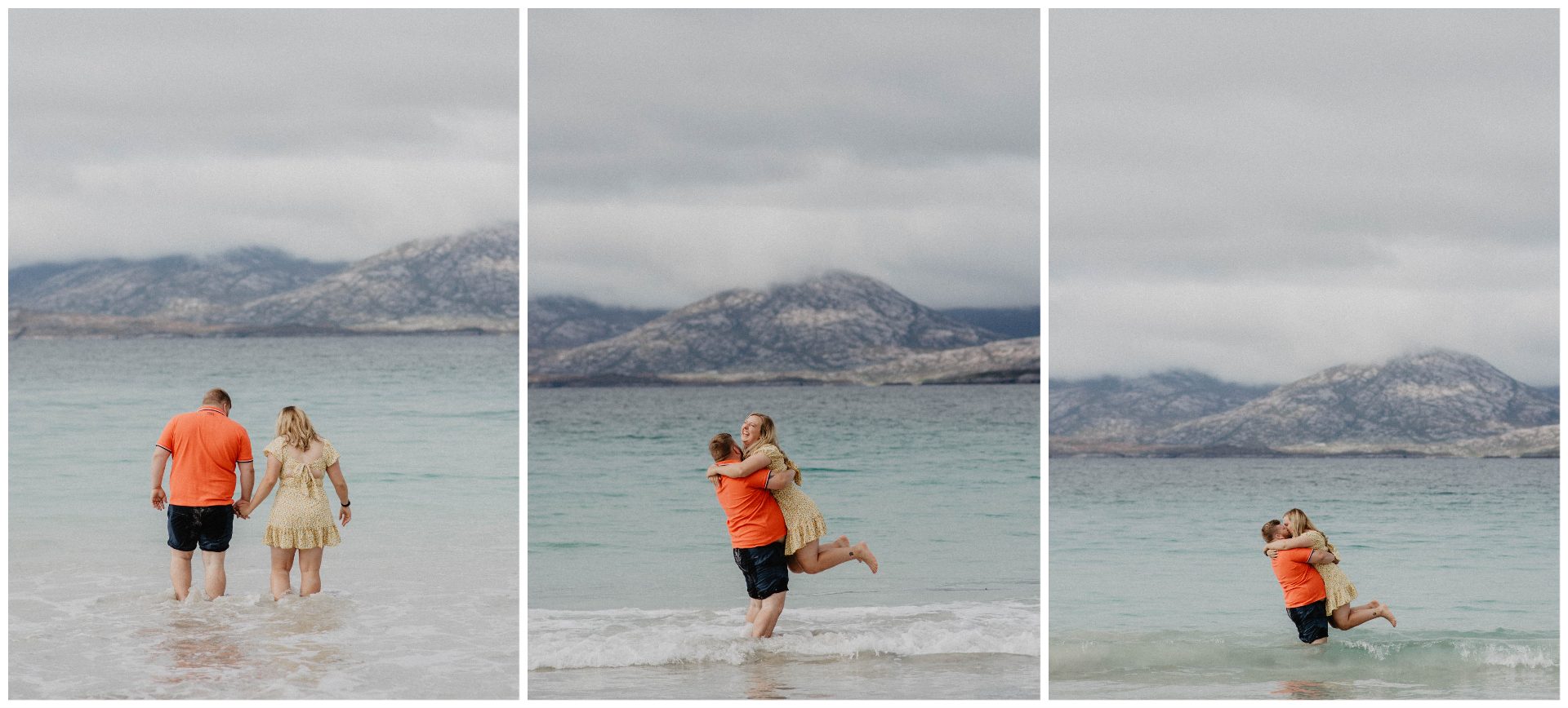 Beach proposal on Isle of Lewis in Scotland - couple celebrating their engagement on the beach