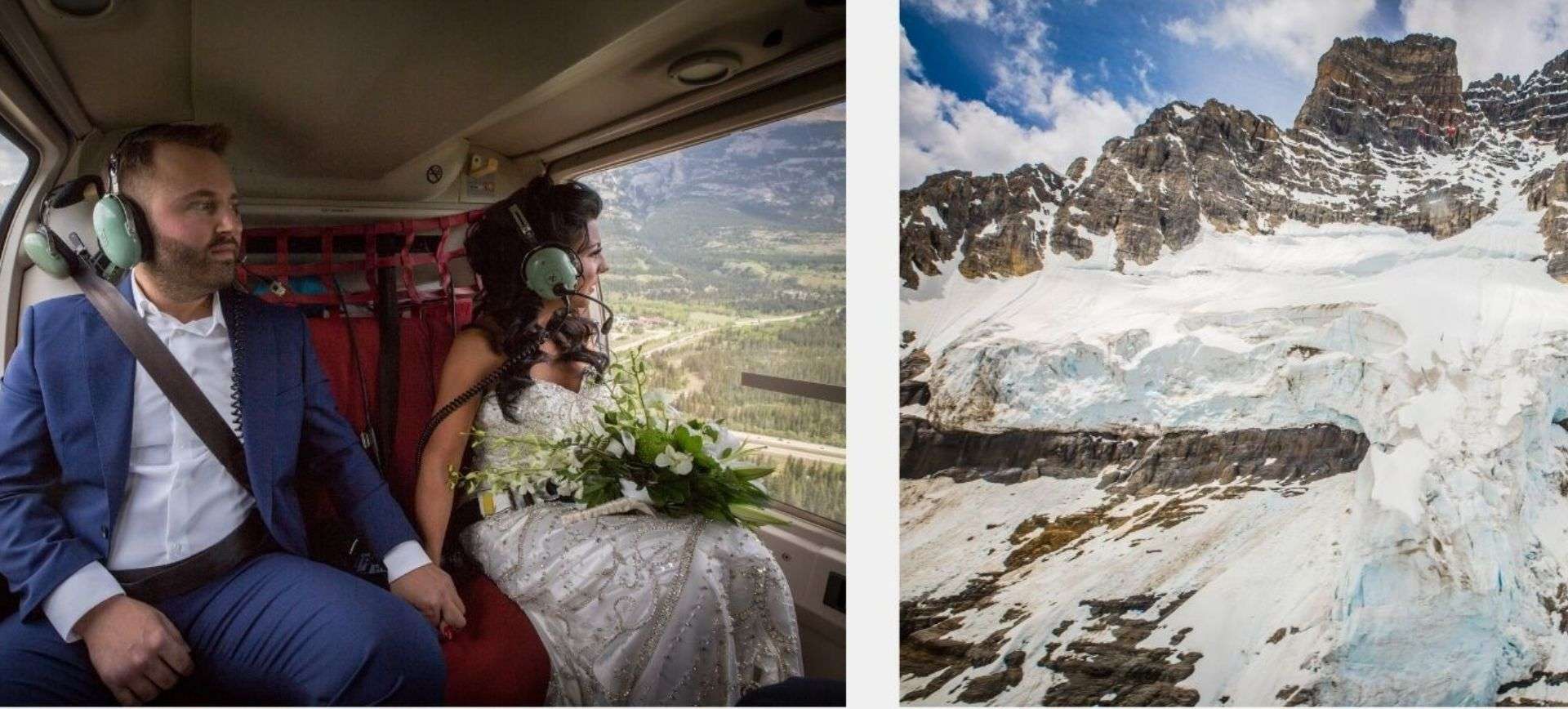 heli-wedding adventure in the canadian rocky mountains - bride and groom during their heli-ride on their wedding day, looking at glacier