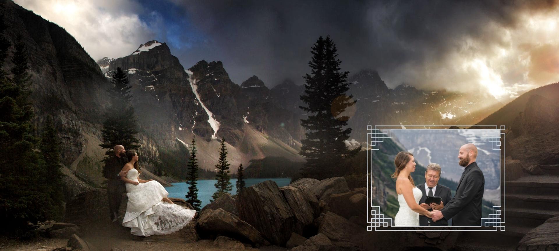 rocky mountains elopement location moraine lake. bride and groom at their stunning mountain wedding