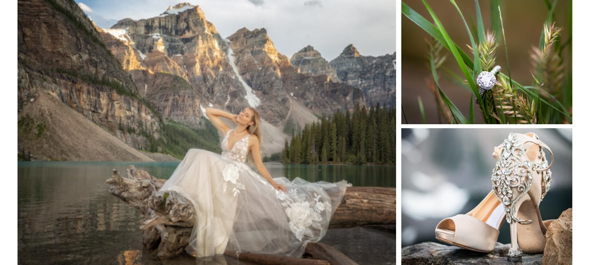 rocky mountains elopement at moraine lake - adventure wedding portraits of bride & close up of wedding details