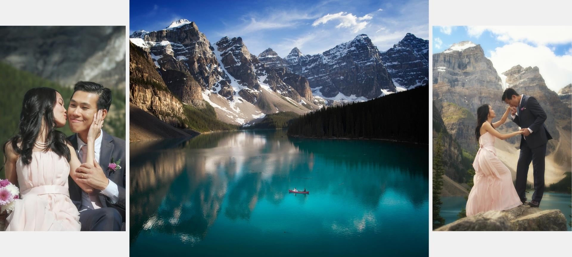 rocky mountains elopement at moraine lake - wedding ceremony with canoe adventure & hike