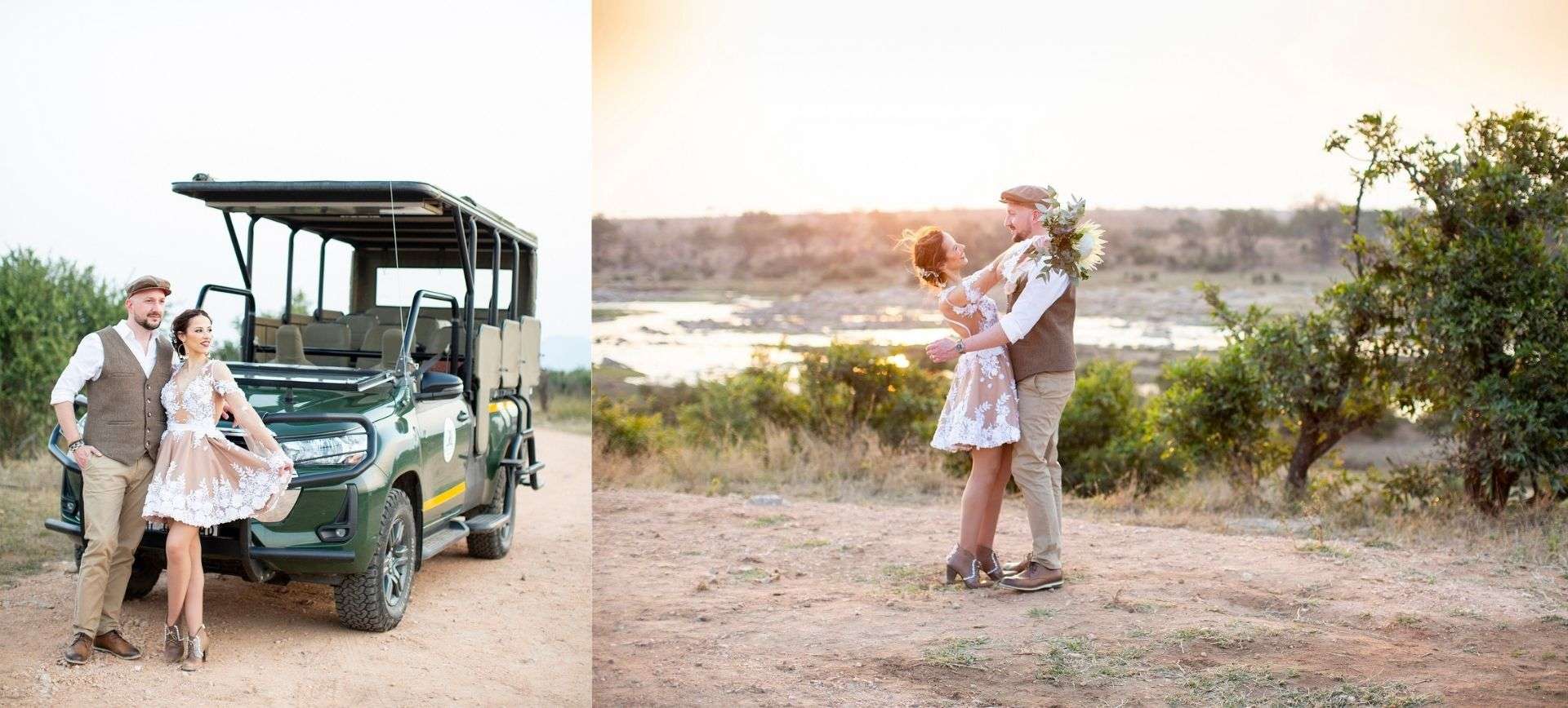 safari elopement in south africa -wedding couple with jeep on safari