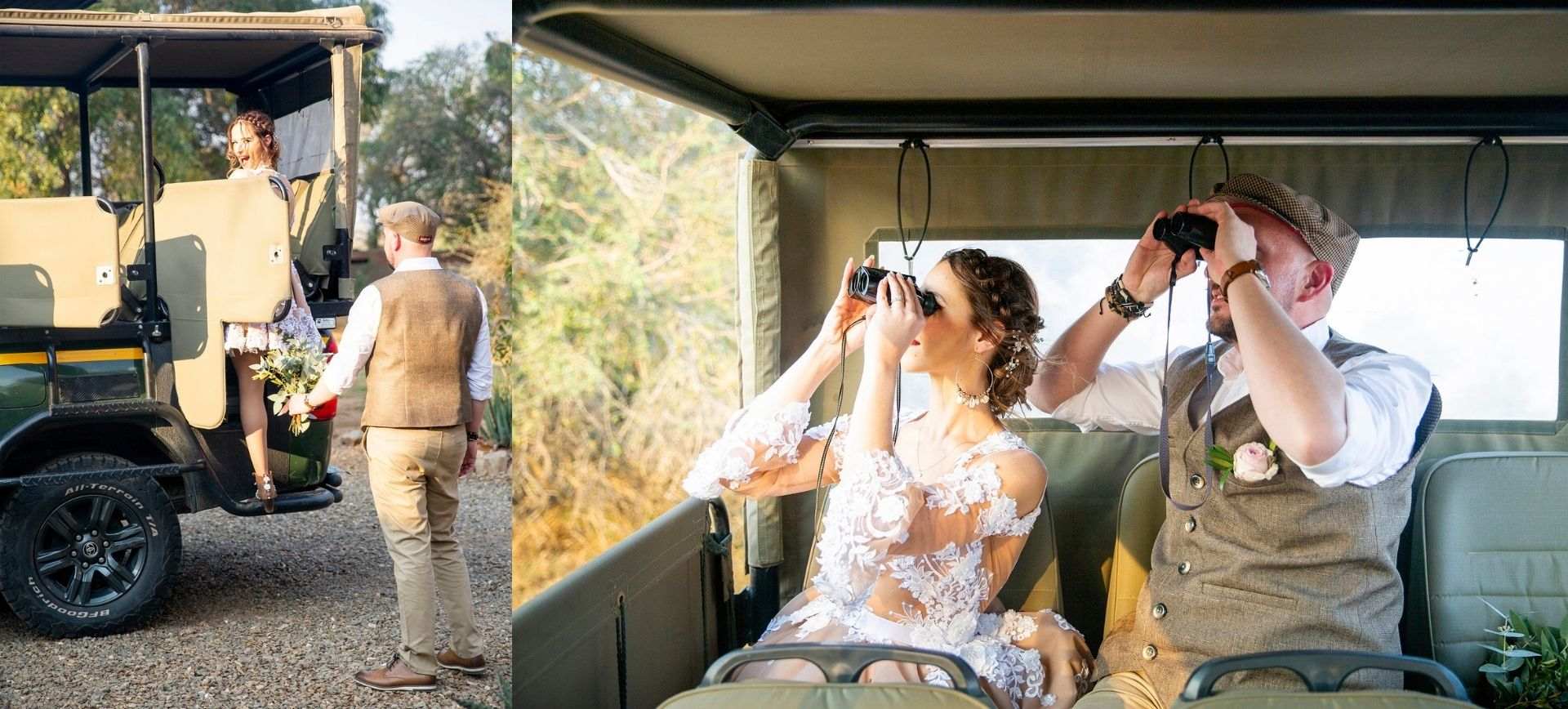 safari elopement wedding south africa - wedding couple in jeep during safari