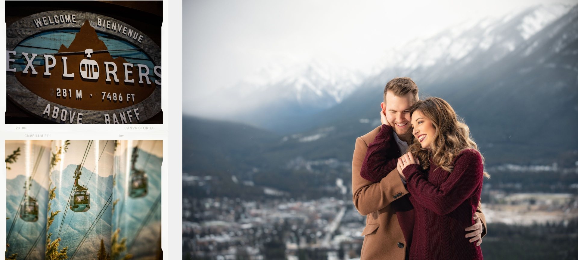 Banff proposal with mountain views & gondola-ride - recently engaged couple embracing themselves at their banff proposal