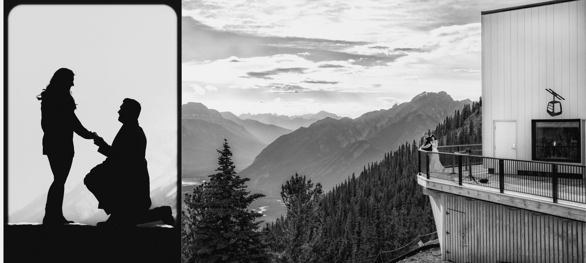 Banff Proposal - Artistic black & white image of surprise proposal in Banff national park
